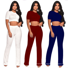 C4680 knitted plain color short sleeve crop top and wide leg pants fashion women two piece sweater set